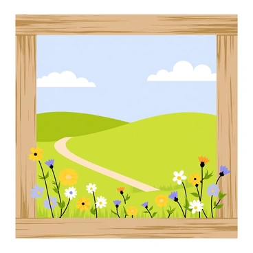 A rustic wooden frame with a weathered texture surrounds a vibrant scene. The frame is filled with various wildflowers in colors such as yellow, purple, and white, creating a border. Behind the flowers, a peaceful field landscape stretches out, featuring rolling green hills under a clear blue sky. In the distance, a few fluffy white clouds float gently above the horizon, and a small dirt path winds through the field, inviting viewers to explore the tranquil scenery.