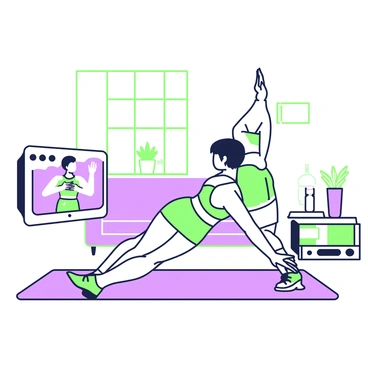 An individual is performing Russian twists on a yoga mat in a living room. The person has short hair and is wearing athletic clothing. In front of them, a television is displaying a workout video that features a fitness instructor demonstrating the exercise. The living room has a comfortable sofa in the background, with a small coffee table holding a water bottle and a towel. There are potted plants placed near the window, allowing natural light to filter into the space.