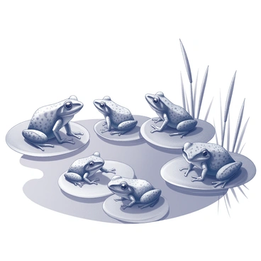 A group of frogs of varying sizes is perched on lily pads floating on the surface of a wetland pond. Each frog exhibits distinct patterns and textures on its skin, showcasing their unique features. The lily pads are large, rounded, and textured, with some having prominent veins. The pond has a reflective surface, capturing the shapes of the frogs and the pads above. Reeds and soft grasses are visible along the edges of the pond, swaying gently in the breeze.