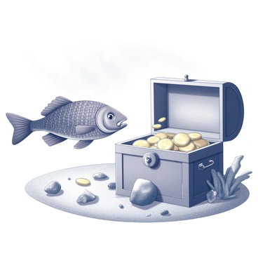 A grouper fish swimming near a sunken pirate treasure chest resting on the ocean floor. The grouper has a rounded body with a textured surface, displaying intricate details of its scales. The treasure chest is partially open, revealing an assortment of gold coins and jewels spilling out. Surrounding the chest, pieces of coral and small rocks litter the sandy seabed, while the distant sunlight filters down, creating gentle patterns in the water above.