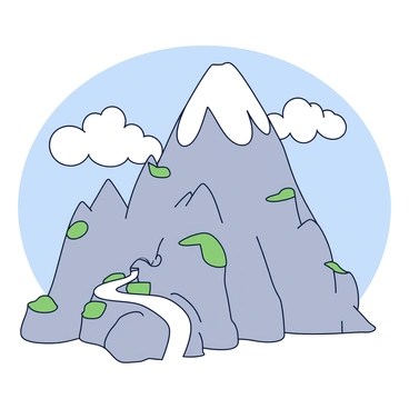 A towering mountain with a rugged, rocky surface. The peak of the mountain is obscured by fluffy white clouds, creating a sense of mystery. There are hints of green vegetation on the lower slopes, while the upper areas are barren and jagged. A winding path can be seen starting from the base and disappearing into the clouds, suggesting undiscovered trails. The sky is a soft blue, contrasting with the mountain's gray tones.