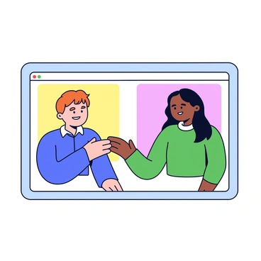 A video call screen displaying two people smiling at each other. On the left side of the screen is a person with short brown hair, wearing a blue shirt. They have their right hand extended towards the screen, mimicking a handshake. On the right side of the screen is a person with long black hair, wearing a green sweater, also extending their right hand in a similar gesture. The background of each person is simple, featuring soft colors that create a friendly atmosphere.