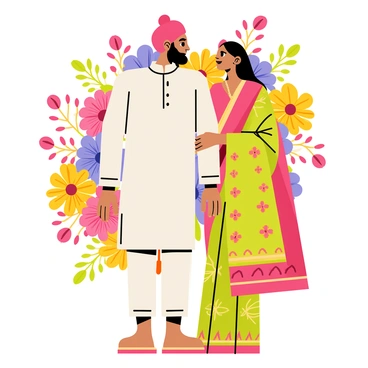 A portrait of a Maharashtrian couple standing side by side. The man is wearing a traditional white kurta and a bright red turban, while the woman is dressed in a colorful saree featuring intricate patterns. The couple is smiling and looking at each other with affection. Behind them, a vibrant floral backdrop is filled with various flowers, including marigolds and hibiscus, adding a rich texture to the scene. The colors are bright and engaging, reflecting the festive spirit of their attire.