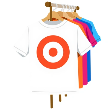 A casual t-shirt displayed on a wooden rack, featuring a bright red bullseye design on the front. The t-shirt is made of soft, lightweight fabric and has short sleeves. The bullseye design is bold and centered, with a white background enhancing its vibrant colors. The rack is positioned in a well-lit area, showcasing the shirt's details clearly. Additional t-shirts in various colors can be seen hanging nearby, creating a lively display.