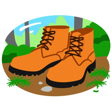 A close-up of worn hiking boots, showcasing scuffed leather and frayed laces. The boots are positioned firmly on a crunchy forest floor, which is scattered with thin twigs and vivid green pine needles. The background features hints of soft moss and blurred tree trunks, creating a natural woodland atmosphere. Sunlight filters through the trees, casting dappled shadows on the boots and the forest floor.