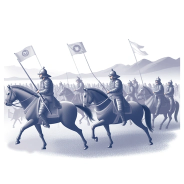 A battlefield filled with soldiers in traditional Korean armor, showcasing various intricate designs and patterns. The soldiers are positioned in dynamic stances, some holding swords and shields, while others are mounted on horses. In the background, a series of ancient hills and mountains rise dramatically against the sky, hinting at the location of the siege. Several banners flutter in the wind, displaying symbols of the clans involved in the conflict. The expressions on the soldiers' faces convey determination and focus as they prepare for the oncoming clash. Dust and debris fill the air, adding intensity to the unfolding moment.