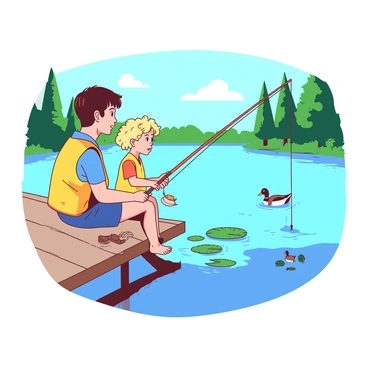 A big brother with short brown hair is sitting on the edge of a dock, wearing a yellow fishing vest and holding a fishing rod. Next to him, a younger sibling with curly blonde hair is attentively watching and holding a small orange fishing rod, trying to mimic the brother's actions. The calm lake reflects the clear blue sky, and there are a few green lily pads floating nearby. In the background, tall green trees frame the lake, and a pair of ducks is swimming in the distance, creating a serene atmosphere.