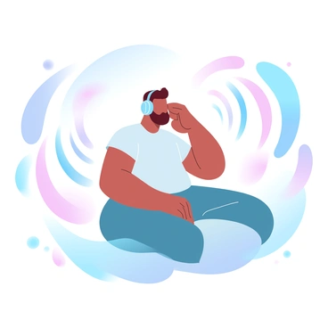 A person is wearing headphones and listening to music. The individual is seated comfortably in a relaxed position. Surrounding the person are vibrant, colorful sound waves radiating outward in various gradient pastel colors. The sound waves are depicted as fluid, flowing lines that create a sense of movement and energy around them. The background is softly blended with harmonious pastel hues that complement the colorful sound waves.
