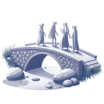 A group of elves walking together over a charming stone bridge. The bridge features arched stones with intricate carvings lining its edges. Below, a sparkling stream flows gently, with clear water reflecting the shapes of surrounding vegetation. The elves are adorned in elegant attire, with long flowing garments that drape gracefully as they move. Their expressions are serene, and they are engaged in quiet conversation. Lush greenery surrounds the area, enhancing the natural beauty of the scene.