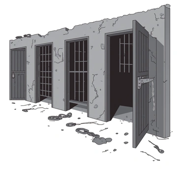 A row of weathered prison cells is lined up in a dimly lit corridor. Each cell features an open metal door, revealing the empty interior with rusted bars and cracked concrete walls. The floors are covered in dust, and shadows stretch along the ground, creating a sense of abandonment. The atmosphere conveys a feeling of neglect, with remnants of chains hanging loosely from the walls of the cells. Light filters in through small barred windows, casting faint patterns on the floor.