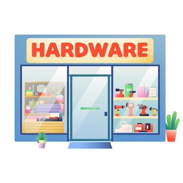 A hardware store storefront has large glass windows displaying a variety of tools and building supplies. The front of the store features a wooden sign with the name of the store in bold letters. Inside, shelves are filled with neatly arranged items, including hammers, screwdrivers, and paint cans. On the left side, there are stacks of lumber and boxes of nails. To the right, a section showcases power tools with bright labels. The entrance has a welcoming mat, and a small potted plant sits beside the door.
