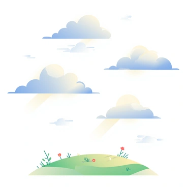 A variety of clouds in different shapes and sizes are filling the sky. The clouds range from fluffy white cumulus clouds to thin, wispy cirrus clouds, creating a dynamic texture above. The sunlight filters through the clouds, casting distinct shadows on the ground below. The landscape under the clouds features patches of green grass and scattered wildflowers, with the shadows creating a play of light and dark across the terrain.
