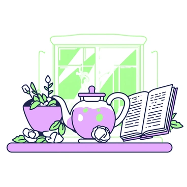 An illustration showing a selection of roses arranged aesthetically. In the center, there is a glass teapot filled with steaming rose tea, surrounded by dried rose petals scattered around it. To the left, a mortar and pestle sits atop a wooden table, containing a mixture of dried herbs, with some rosebuds alongside. To the right, there is an open book displaying information on herbal remedies, partially covering a delicate lace tablecloth. Light filters through a nearby window, casting soft shadows across the scene.