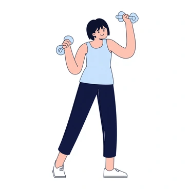 A short animation featuring a character performing reverse fly exercises. The character is depicted with a simple design, showcasing a light blue tank top and dark leggings. The character stands with a slight bend at the knees and leans forward at the hips. The arms are extended out to the sides, with hands holding light weights. The character's posture is straight, and there is a subtle movement showing the arms lifting backward in a controlled manner. The background is minimal to focus on the character's form and movement.