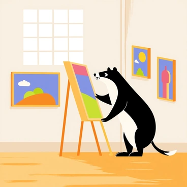 A blaireau, or badger, standing on its hind legs, gazing at a colorful painting in a quaint art gallery. The blaireau has a sleek black and white striped face, with its paws delicately positioned against the edge of a wooden display. The gallery features several framed paintings on the walls, showcasing various landscapes and abstract designs in vibrant colors. Soft light filters through nearby windows, illuminating the warm wooden floor and creating a cozy atmosphere within the space.
