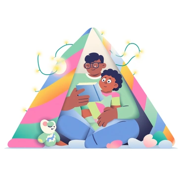 A parent reading an e-book from a tablet to a child under a cozy blanket fort