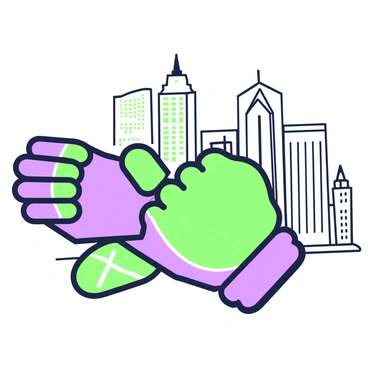 A pair of superhero gloves is prominently displayed in the foreground. The gloves are designed with intricate patterns and vibrant shapes, showcasing their heroic essence. Behind the gloves, a cityscape extends in the background, featuring tall buildings with various architectural styles. The skyline is outlined with sharp edges and geometric features, adding depth to the scene. The overall composition highlights the gloves as the focal point against the backdrop of the urban environment.