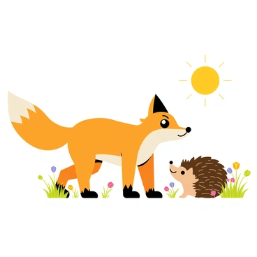 A cartoon-style illustration of a clever orange fox with a bushy tail, standing on its hind legs with a sly expression. The fox is leaning forward, eyeing a small brown hedgehog that has curled into a tight ball with its spines visible. The setting includes a grassy patch with a few colorful flowers around the hedgehog. The sun is shining brightly in the background, casting light on the scene, highlighting the fox's bright fur and the hedgehog's textured spines.