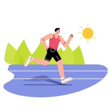 A focused athlete in a red tank top and black shorts is performing sprint drills on a blue track. The athlete is mid-stride, with one foot pushing off the ground and the other leg extending forward. The sun is shining brightly, casting sharp shadows on the track. In the background, there are green trees lining the edge of the track and a clear blue sky above. The scene conveys energy and determination as the athlete practices.