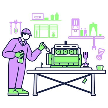 A mechanic is standing in a garage, focused on applying custom paint to a car engine. The mechanic is wearing a dark blue jumpsuit and gloves, with short hair peeking from under a cap. The engine is positioned on a workbench, showcasing its intricate components and metallic surfaces. The mechanic holds a spray paint can in their right hand, while their left hand carefully supports the engine. The scene features various tools scattered around, including wrenches and brushes, and a backdrop displaying shelves with automotive supplies.
