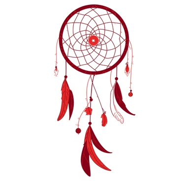 A red dreamcatcher hangs gracefully against a soft, white background. The circular frame is adorned with intricate patterns, weaving together threads of various thicknesses. Delicate feathers dangle from the bottom, each one uniquely shaped and colored. Within the center of the dreamcatcher, a net of crisscrossed strings captures a small, glowing orb, symbolizing dreams. Surrounding this orb are tiny, detailed charms representing generational fears, carefully attached to the strings. The combination of elements creates a harmonious balance between beauty and significance, evoking a sense of connection to both dreams and heritage.