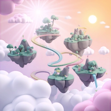 Several floating islands suspended in a vibrant sky, each island featuring lush green vegetation and rocky outcrops. Twisting, colorful bridges made of stones and vines connect the islands, spiraling between them. The sky is filled with clouds in shades of pink, orange, and purple, while beams of sunlight break through, illuminating the islands and bridges. Below, soft, fluffy clouds drift, adding depth to the aerial scene. Each island has unique features, like waterfalls cascading from the edges and small, radiant flowers blooming along the pathways of the bridges.