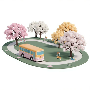 A bus, painted in vibrant colors, is driving along a winding path through a city park. The bus has large windows and a friendly design. Surrounding the bus, trees are blossoming in various springtime colors, including pink, white, and soft yellow flowers. The park features a manicured lawn with patches of green grass and scattered flower beds. In the background, there are people walking, enjoying the pleasant weather, and some are sitting on benches under the blossoming trees. The scene captures the essence of spring with bright sunlight filtering through the leaves.