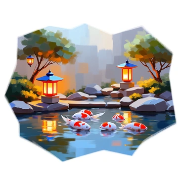 A tranquil koi pond at night, illuminated by several soft glowing lanterns that cast a warm light on the water. The pond is filled with colorful koi fish swimming gracefully, their scales reflecting the faint light. Surrounding the pond, lush greenery and ornamental plants frame the scene, with gentle ripples on the water's surface adding a sense of movement. The lanterns are placed on stone pedestals and hanging from nearby trees, creating a peaceful atmosphere.