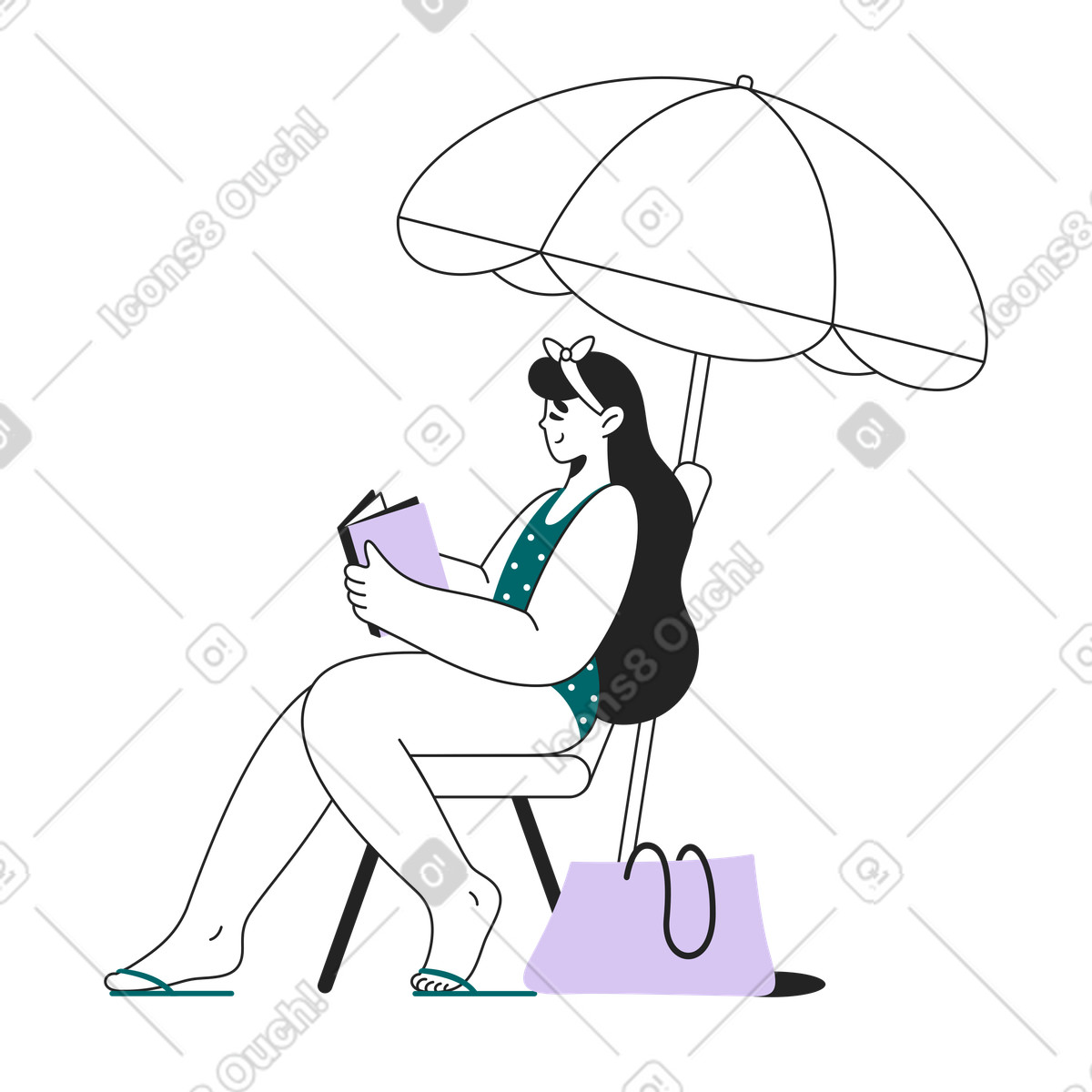 Tourist reading under beach umbrella, Seaside relaxation and vacation illustrazione in stile Sammy Line scarica in PNG, SVG