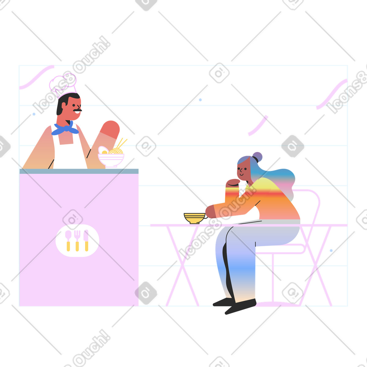 Chef che cucina cibo per donna al ristorante illustrazione in stile Marginalia scarica in PNG, SVG