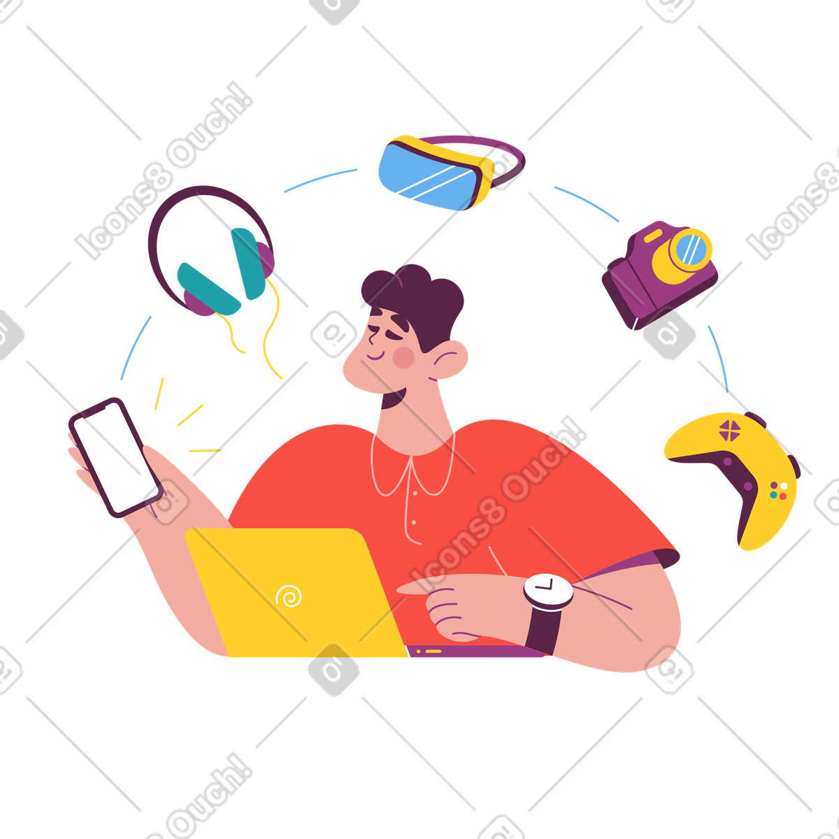 Using laptop and multiple gadgets, Device integration multitasking illustration in Sammy style download in PNG, SVG