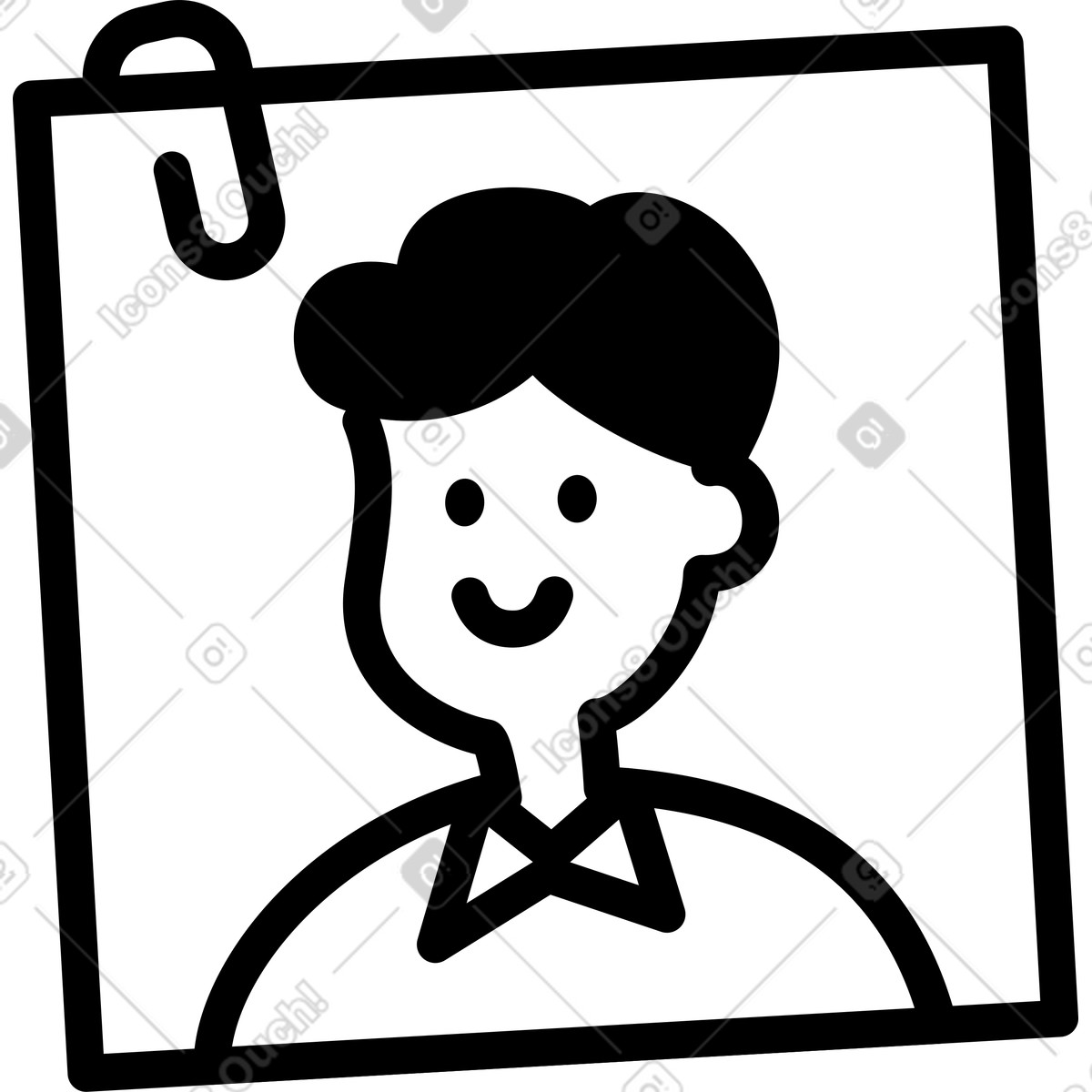 下载 Notion Line Art 风格的 Portrait photo hanging with paperclip and smiling character wearing tie 插画，支持 PNG、SVG 格式
