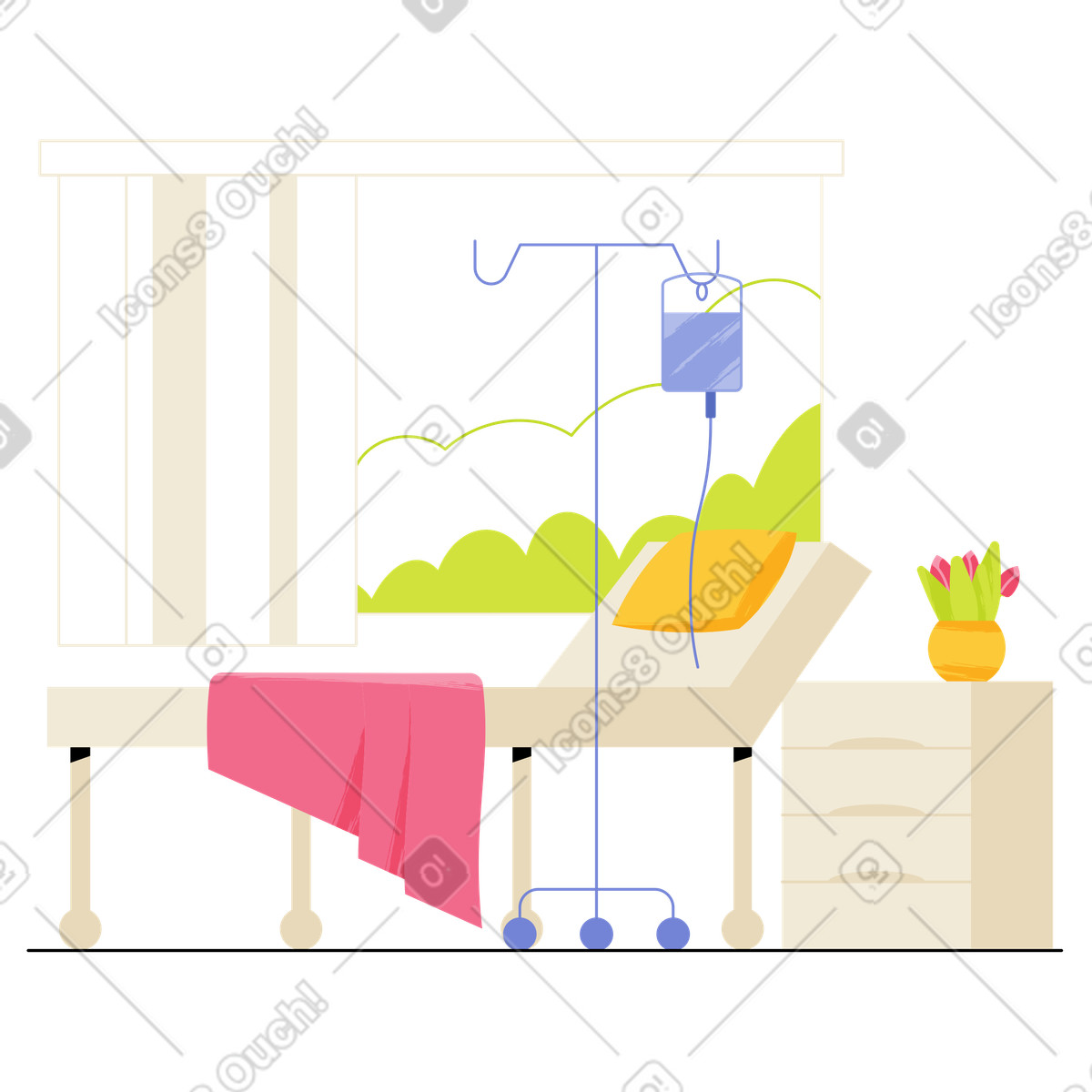 Letto e camera per flebo in reparto ospedaliero illustrazione stile Juicy scarica PNG, SVG