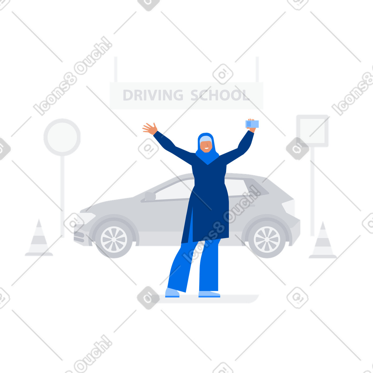 Woman in hijab raising hands up and holding driving license against the background of school illustration Urban style download PNG, SVG