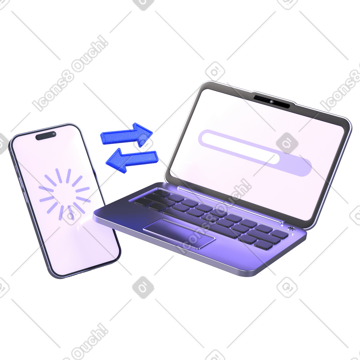 Sincronizzazione tra laptop e smartphone, trasferimento dati wireless dei dispositivi illustrazione in stile 3D Boost scarica in PNG, SVG