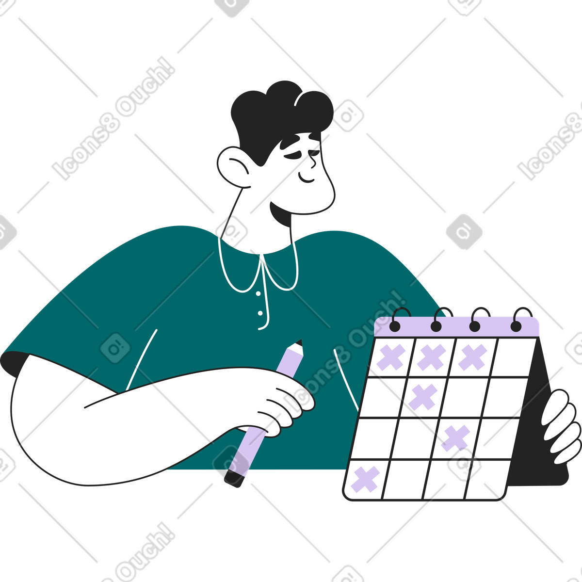 Man with pencil and calendar illustration in Sammy Line style download in PNG, SVG