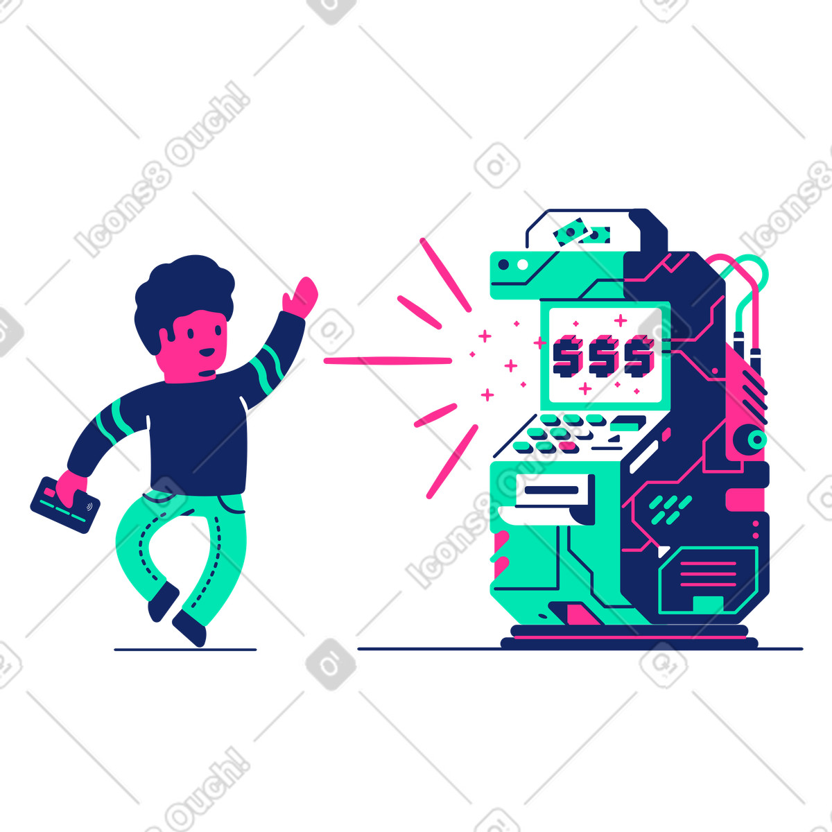 Man with credit card winning a lottery at the atm illustration in PNG, SVG