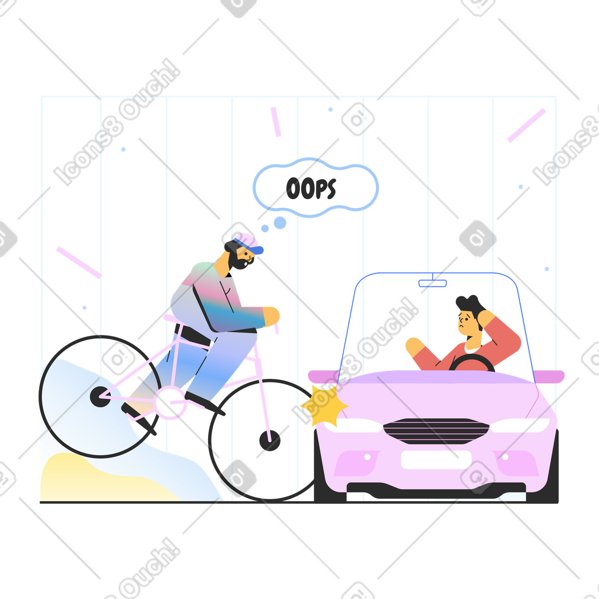 Illustration Un cycliste heurte une voiture et provoque accident de la route dans le style Marginalia à télécharger aux formats PNG, SVG