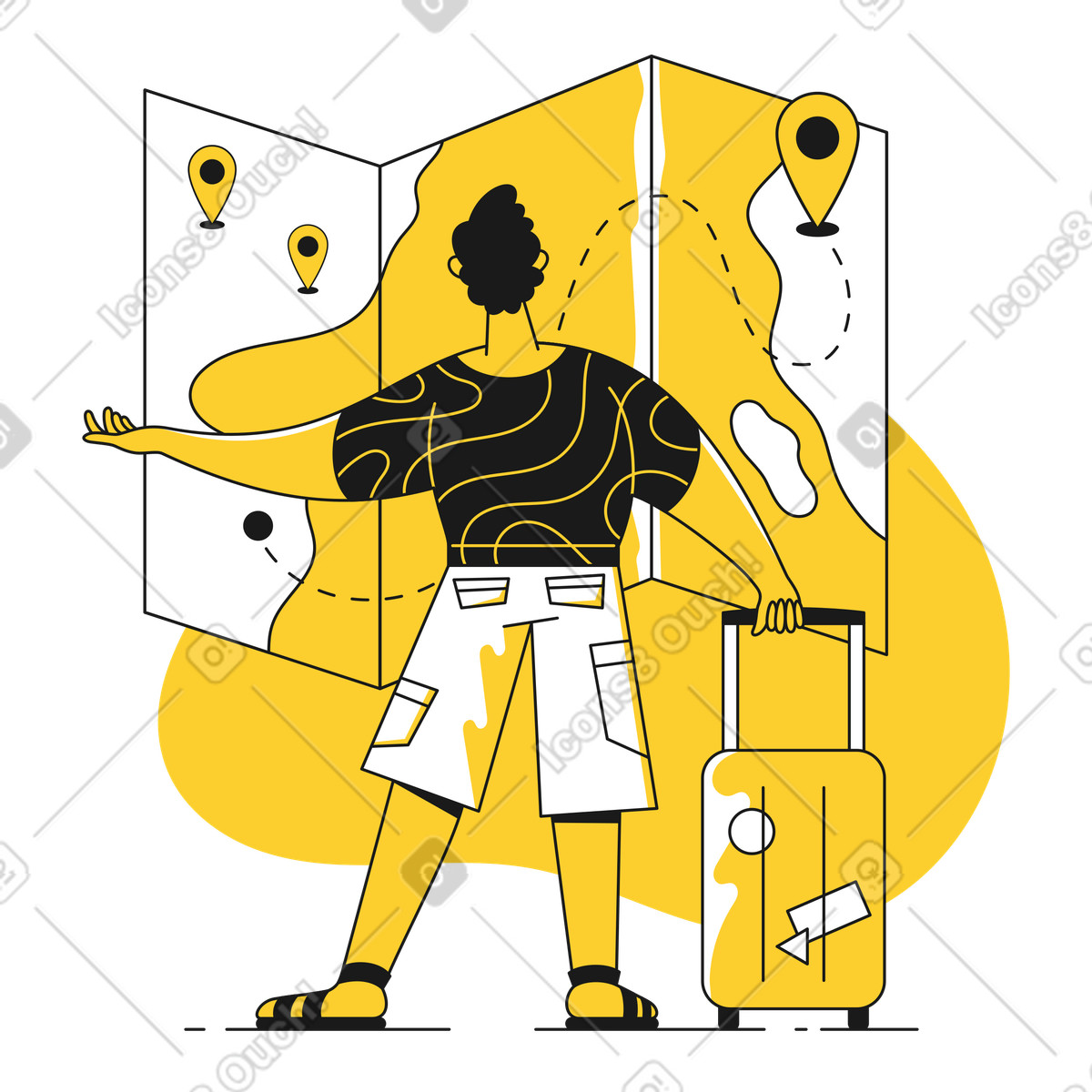 Ragazzo con la valigia che sceglie una destinazione di vacanza sulla mappa illustrazione in stile Taxi scarica in PNG, SVG