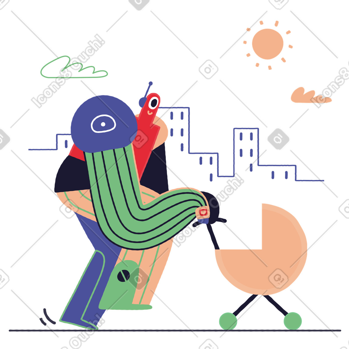Ilustración Robot niñera caminando con un cochecito en estilo Stripy a descargar en PNG y SVG