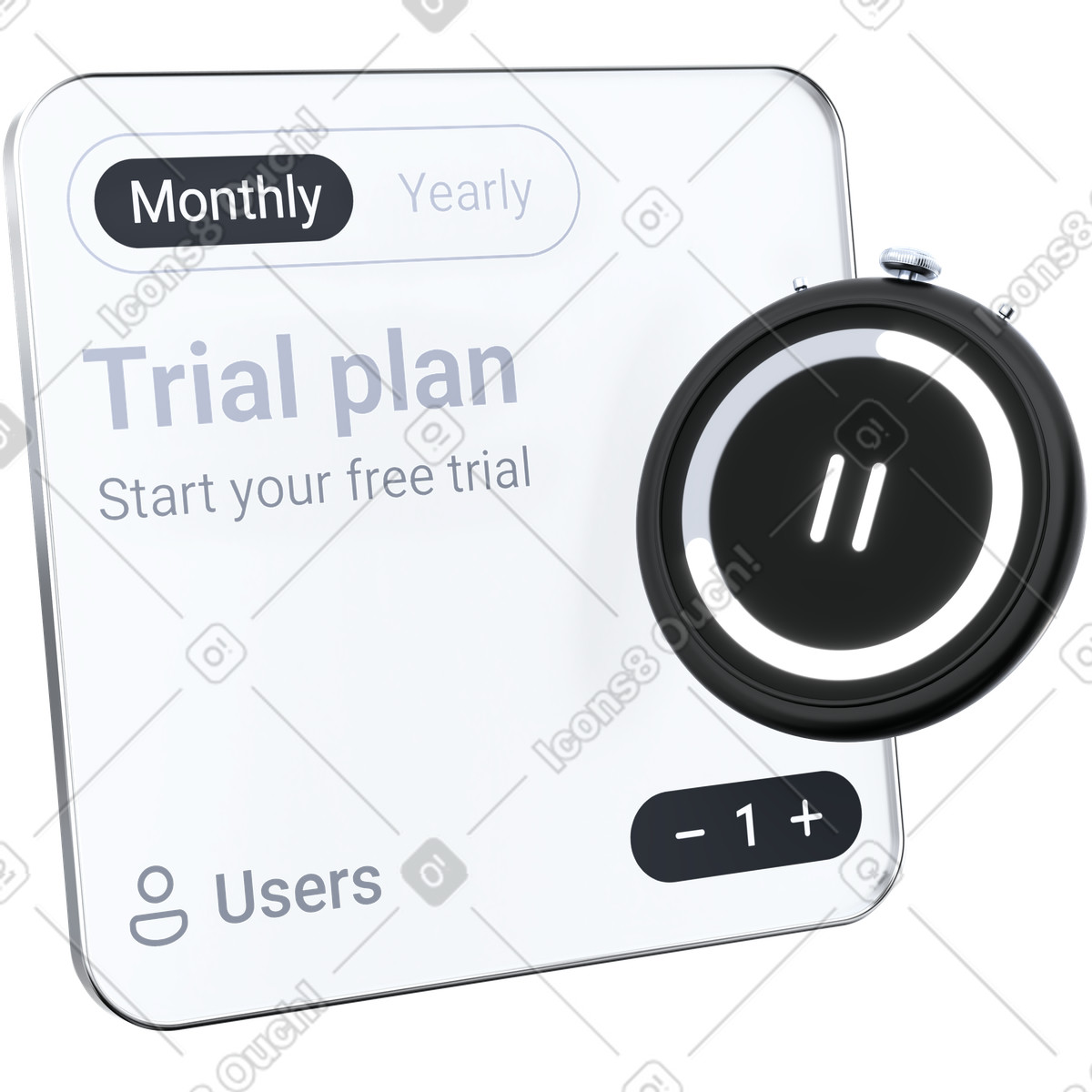 下载 3D Pro 风格的 Subscription trial plan card with monthly yearly toggle and users counter 插画，支持 PNG、SVG 格式