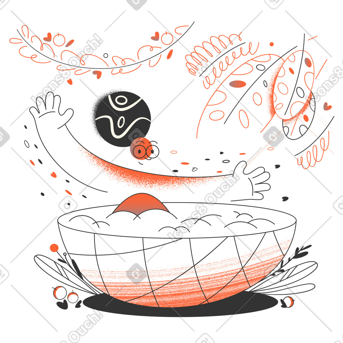 Woman sitting in hot tub and waving her hand illustration in PNG, SVG