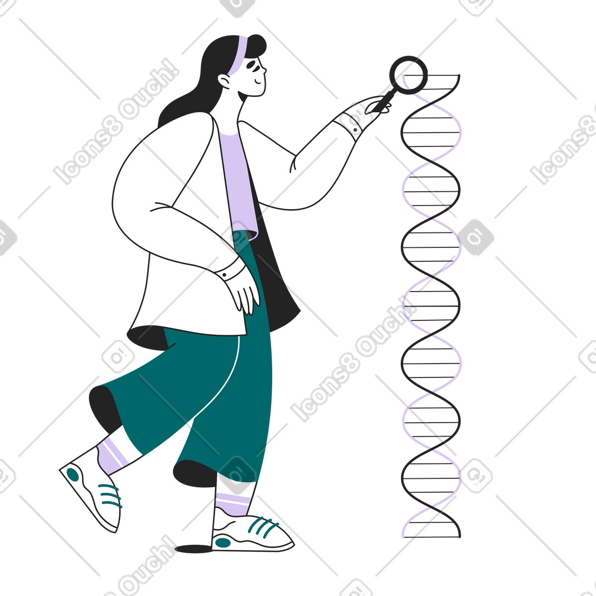 Scientist analyzing double helix, Molecular biology and genetics-Illustration im Sammy Line-Stil als Download in PNG, SVG