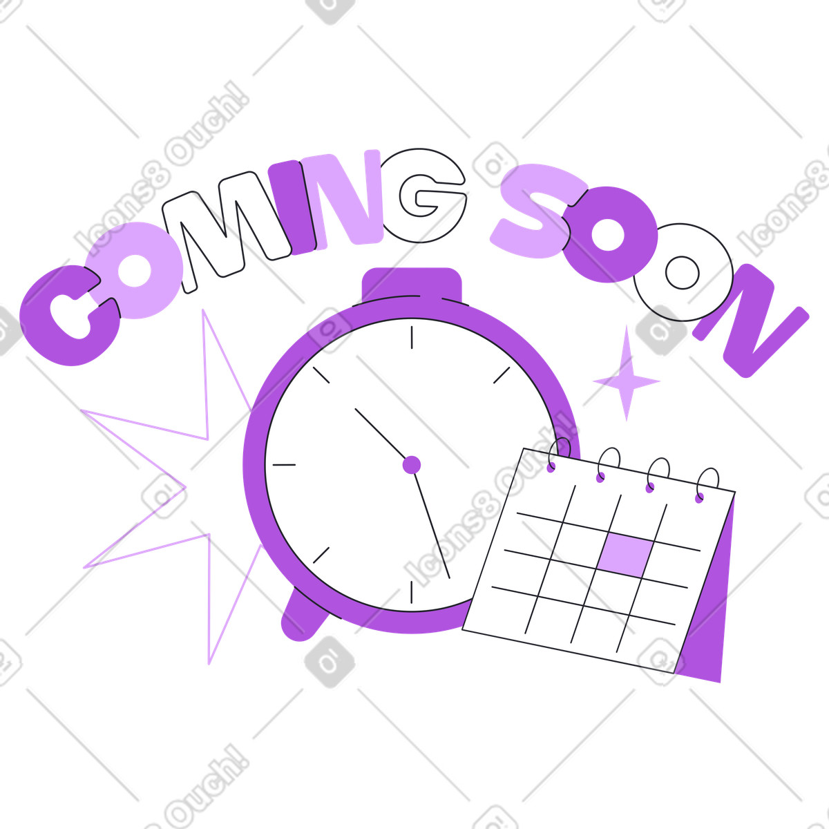 Иллюстрация Clock, calendar and Coming soon text, Countdown or save the date reminder в стиле Grapy — скачать в форматах PNG, SVG