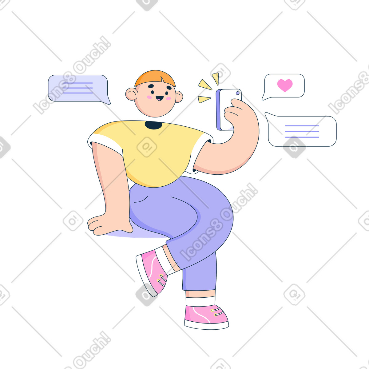 Bubble gum スタイルの 電話を持っている人がチャットでメッセージを送信します のイラストをPNG、SVG形式でダウンロード