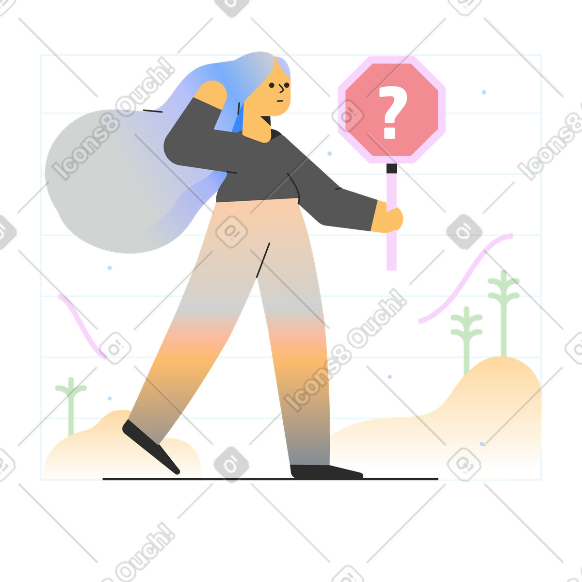 Person walking with question mark placard, navigating confusion and seeking answers illustrazione in stile Marginalia scarica in PNG, SVG