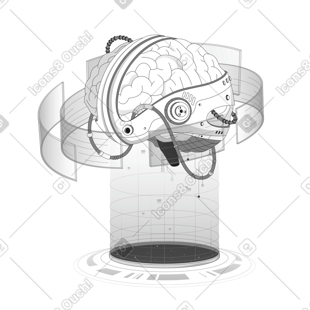 Ilustración Artificial intelligence brain surrounded by futuristic transparent panels en estilo a descargar en PNG y SVG