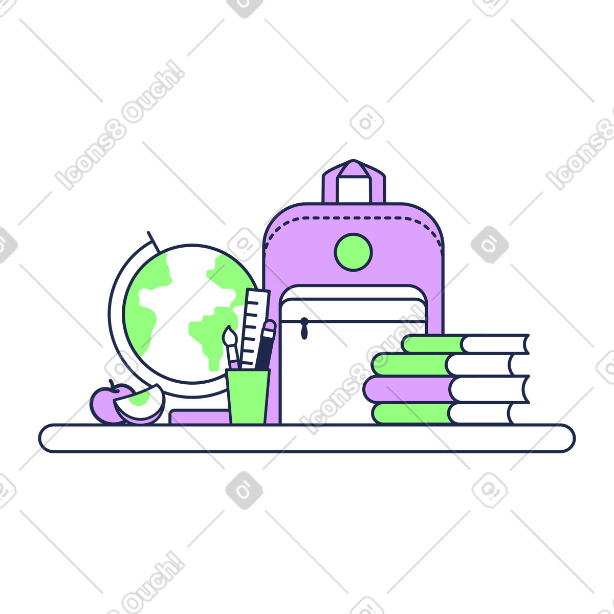 School backpack with stack of books and globe, Educational supplies for studies illustration in Outline style download in PNG, SVG