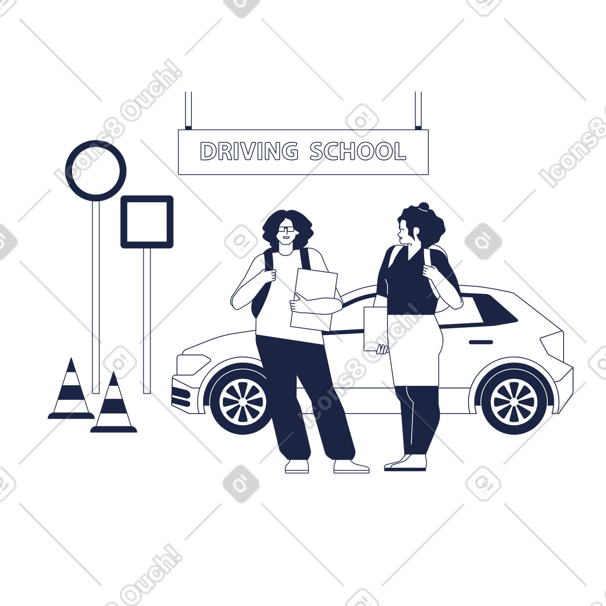 Two students on background of car and road signs from driving school illustration in Urban Line style download in PNG, SVG