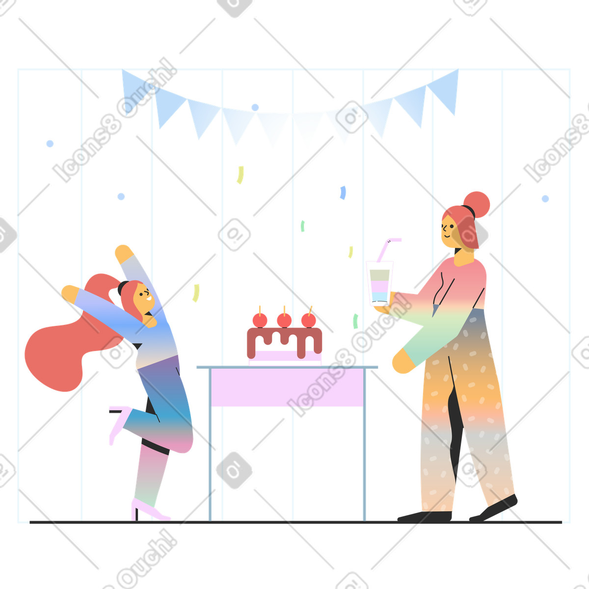 Mother and daughter at birthday party illustration in Marginalia style download in PNG, SVG